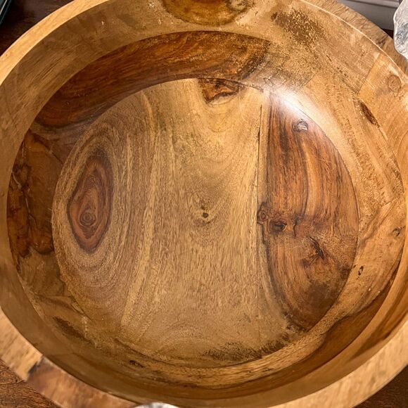 Pier 1 Large 14in Teak Wood Serving Bowl w/Silver Leaf Handles - Picture 5 of 8